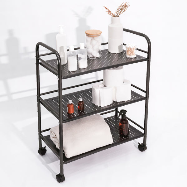 3 Tier Rolling Cart, Heavy Duty Metal Frame, Supports 22 Lbs Per Tier, 2 Lockable Wheels, Black