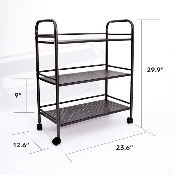 3 Tier Rolling Cart, Heavy Duty Metal Frame, Supports 22 Lbs Per Tier, 2 Lockable Wheels, Black