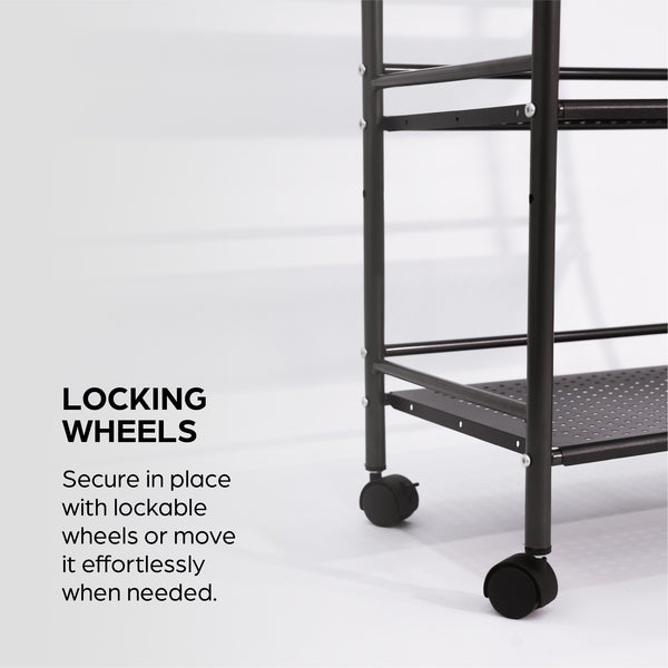 3 Tier Rolling Cart, Heavy Duty Metal Frame, Supports 22 Lbs Per Tier, 2 Lockable Wheels, Black